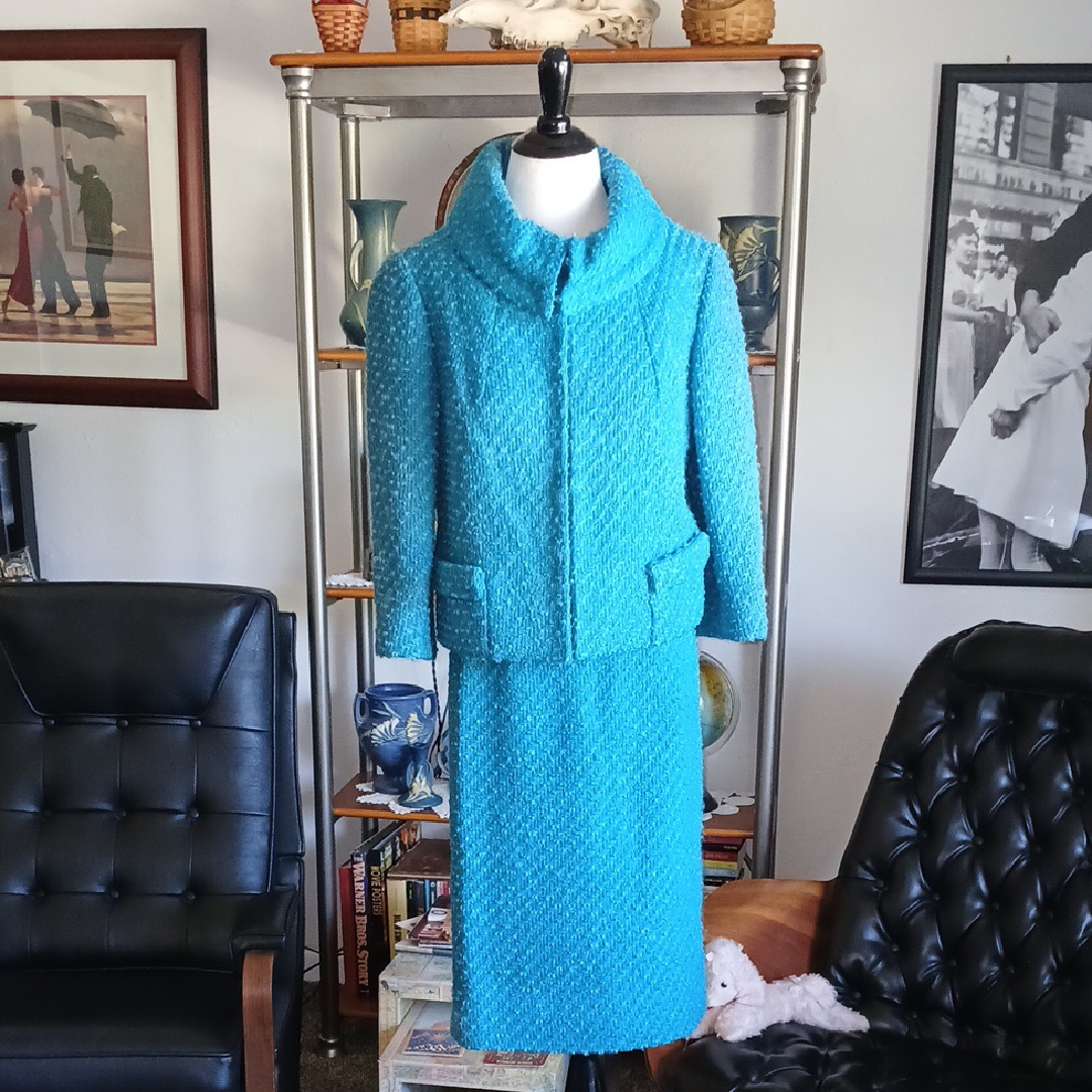 Lilli Ann Vinage 60s Wool Tweed Teal Blue Women's Skirt Set Size S